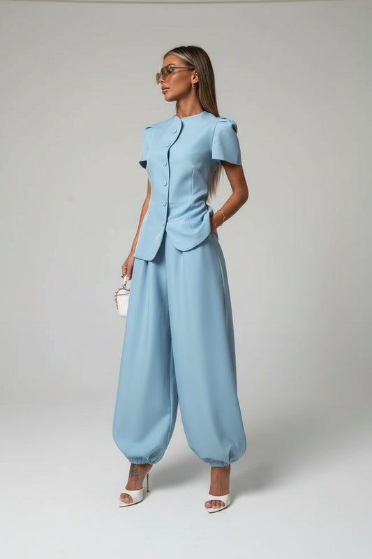 women's two piece set, women's matching set, women's top and pants set, two piece outfit for women, women's trouser set, women's summer set, short sleeve two piece set, high waist pants set, women's casual set, women's vacation outfit, women's brunch outfit, women's dinner outfit, women's resort wear, matching top and pants, women's coordinated outfit, elegant two piece outfit, women's fashion set, black two piece set, blue two piece set, yellow two piece set