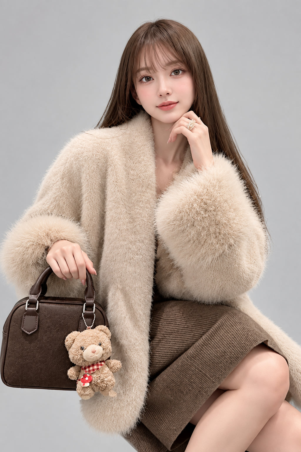 Women's fur-collar outerwear with relaxed silhouette