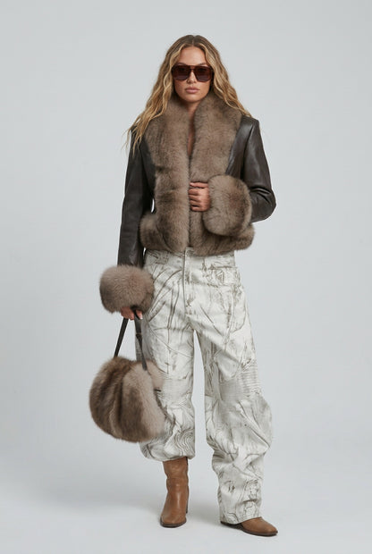 Faux fur patchwork zip-up jacket with stand collar, front view