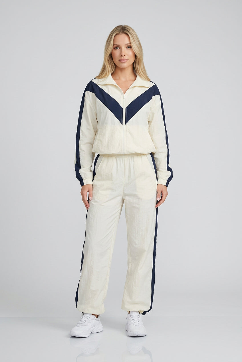 Contrast jacket and shorts outfit showing the matching design