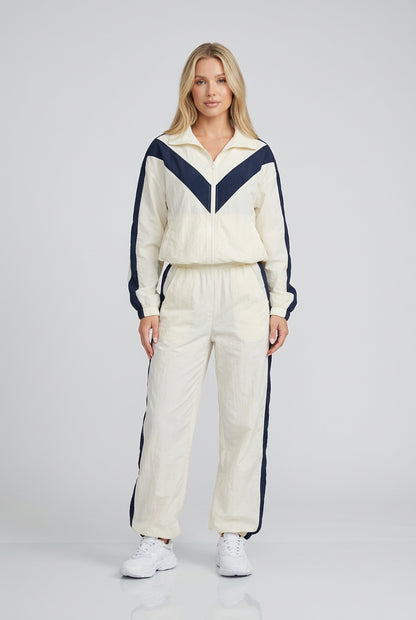 Contrast jacket and shorts outfit showing the matching design