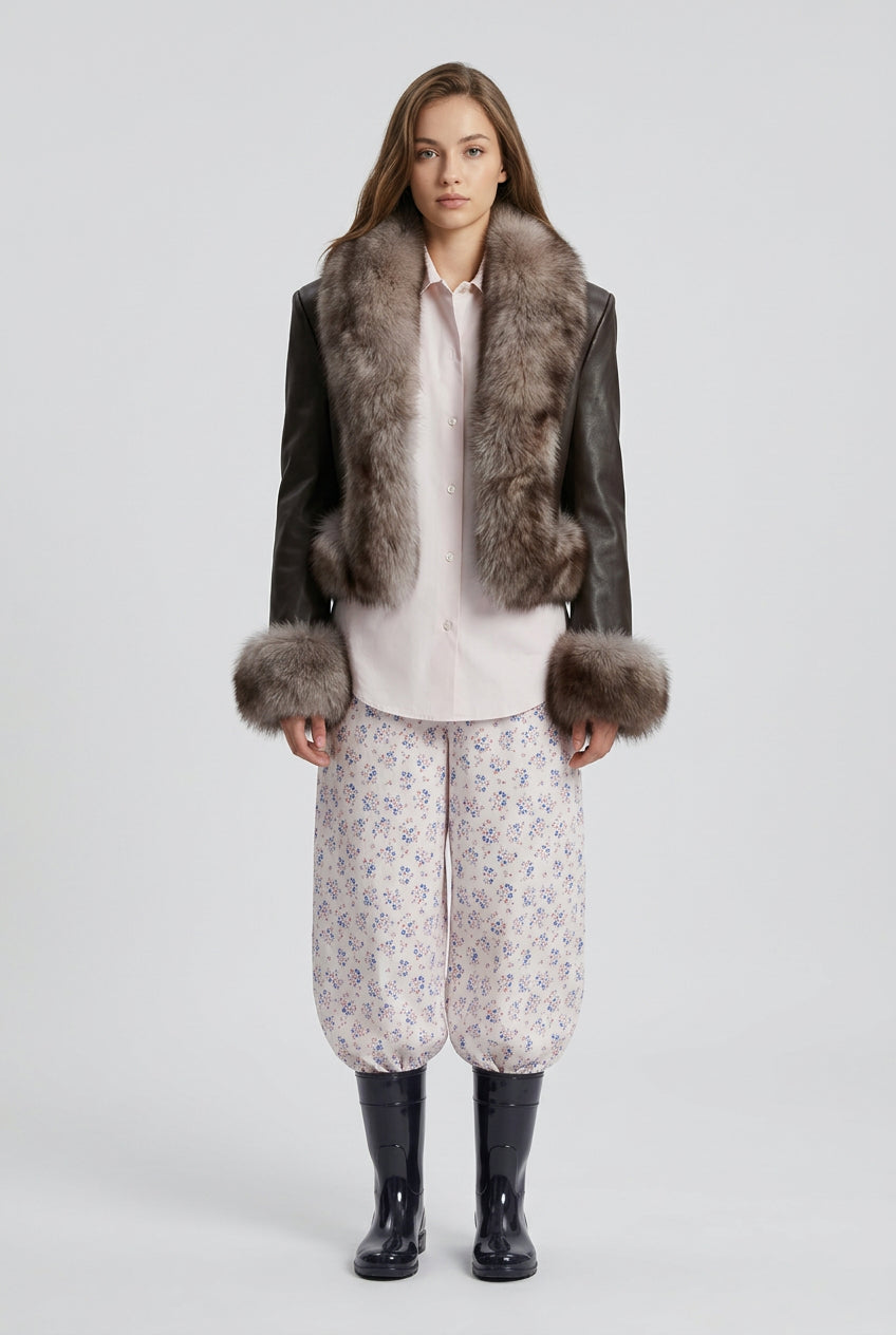 Front detail of the faux fur zip-up jacket