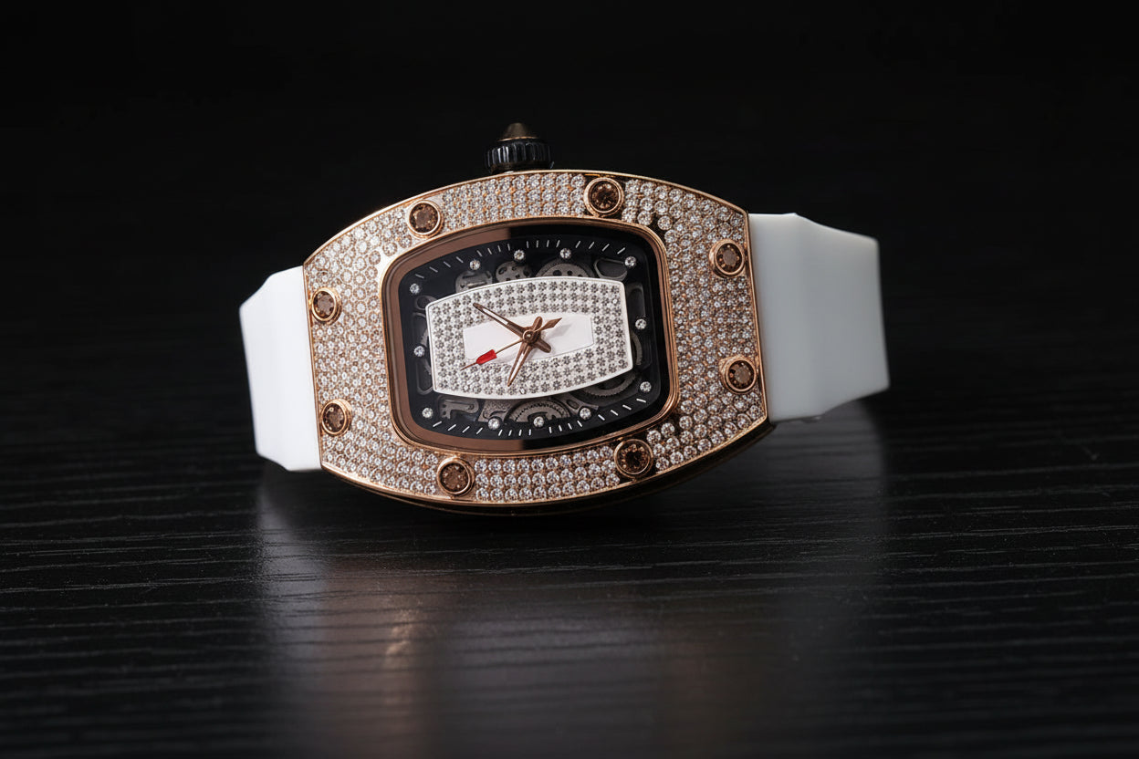 Luxury vortex iced out rubber strap wrist watch.