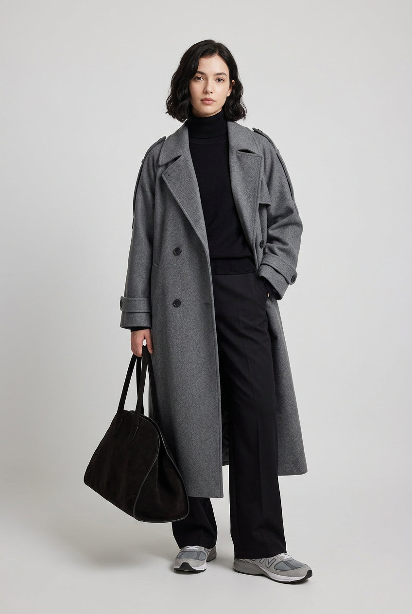 Long double-breasted coat with turn-down collar and pockets