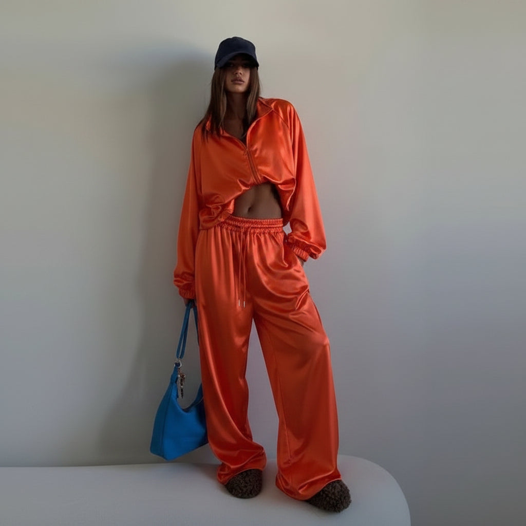 Dansa satin loose long sleeve crop top and wide leg trousers two-piece set streetwear.