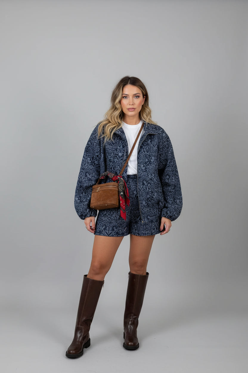 women's paisley two piece set, women's fall two piece outfit, paisley outfit women, fall outfit women 2026, women's matching set, long sleeve two piece set, jacket and shorts set women, vintage inspired outfit women, chic fall outfit women, autumn outfit women, women's casual two piece set, fall fashion 2026, women's boutique clothing, pumpkin picking outfit, fall photoshoot outfit, brunch outfit women, autumn matching set, navy blue two piece set, stylish fall outfits