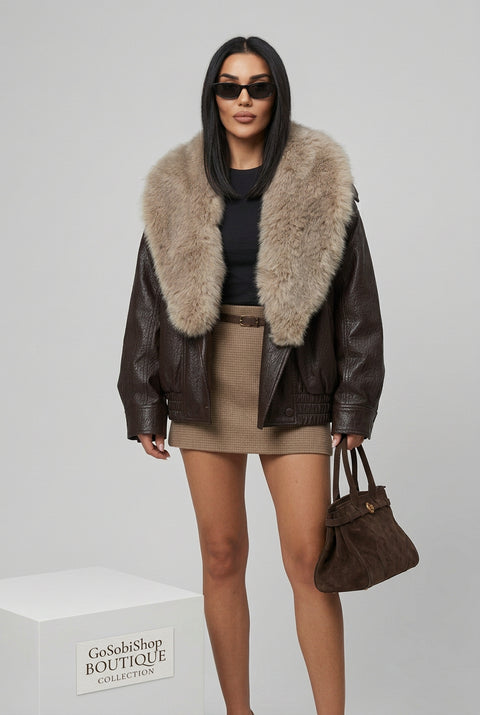 Brown fur-collar faux leather jacket, front view