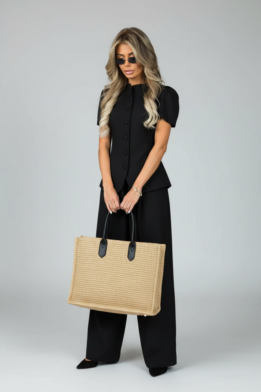 women's two piece set, women's matching set, women's top and pants set, two piece outfit for women, women's trouser set, women's summer set, short sleeve two piece set, high waist pants set, women's casual set, women's vacation outfit, women's brunch outfit, women's dinner outfit, women's resort wear, matching top and pants, women's coordinated outfit, elegant two piece outfit, women's fashion set, black two piece set, blue two piece set, yellow two piece set