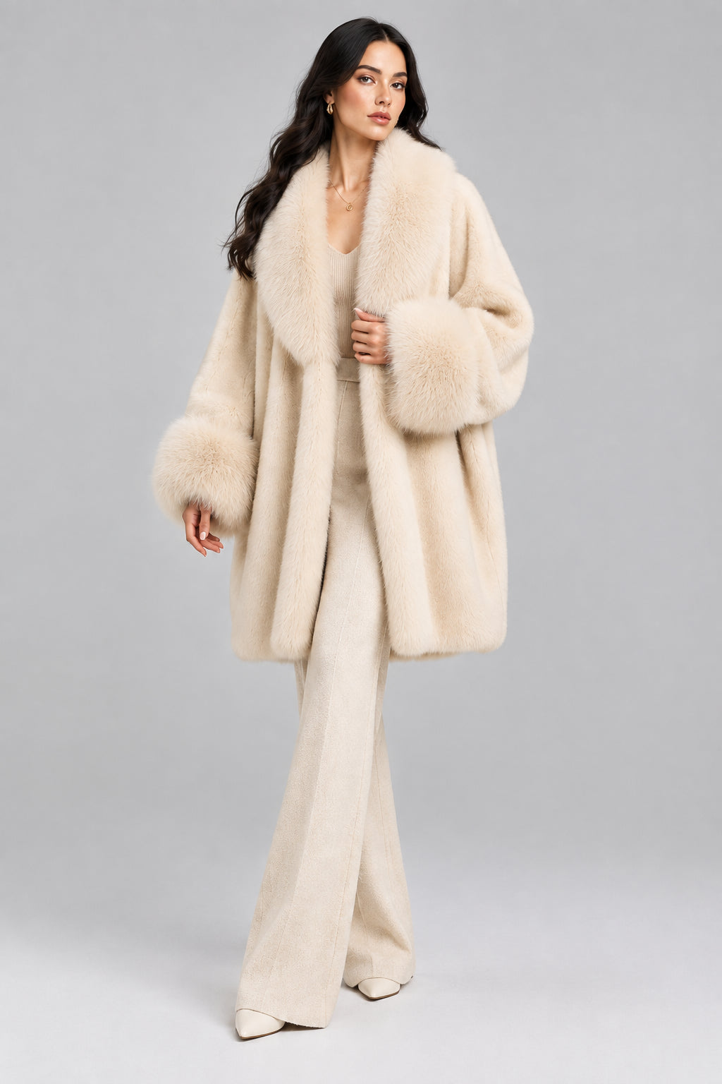 Celine fur-collar coat for women in beige