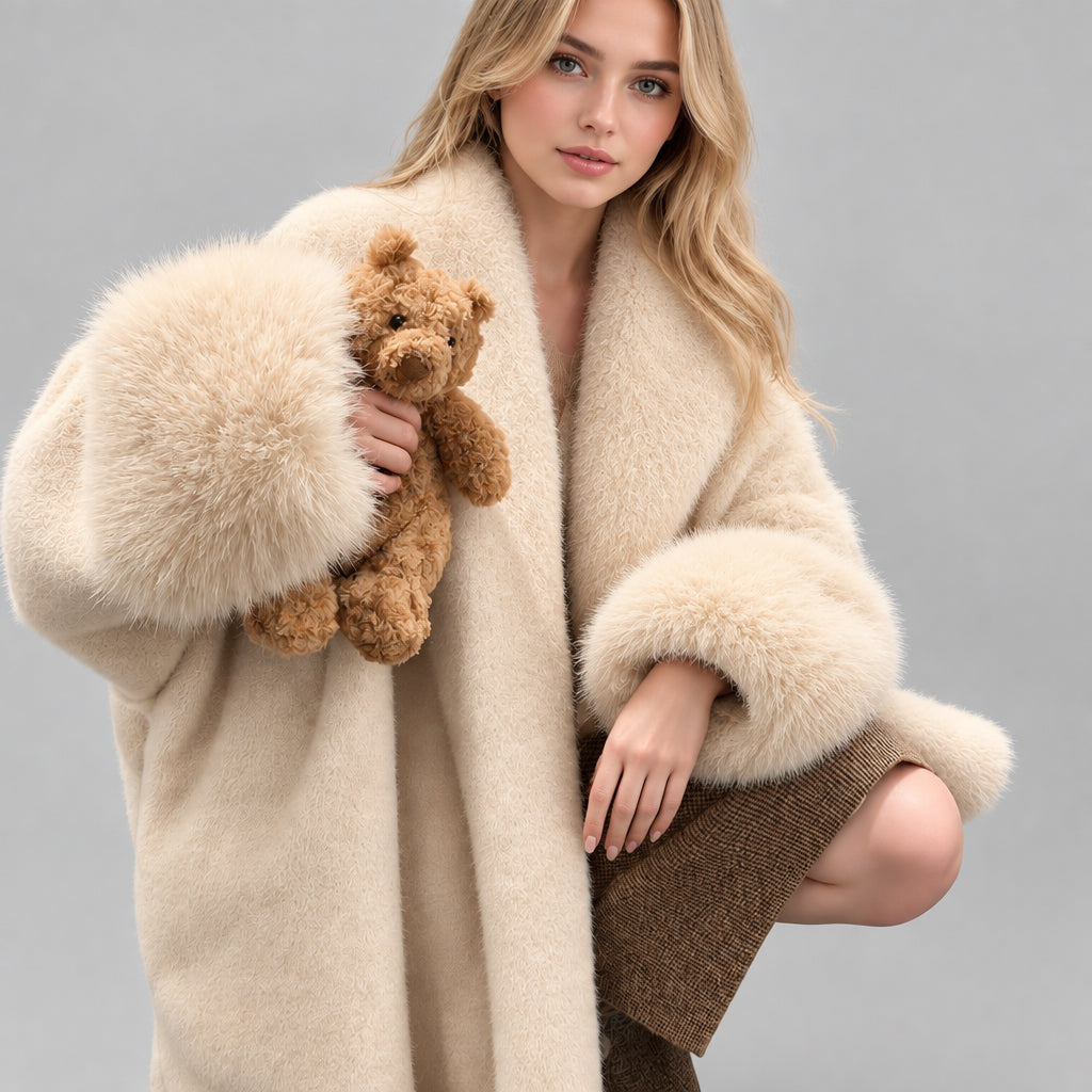 Beige fur-collar coat for fall and winter styling