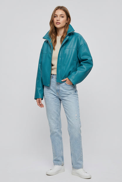 stand-collar faux-leather jacket product photo 2