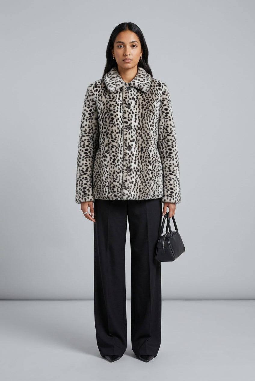 Leopard Luxe faux fur coat with classic lapel and single-breasted front