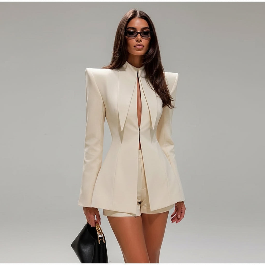 women's shorts suit, women's two piece suit, blazer shorts set women, tailored shorts set, women's blazer and shorts, two piece outfit women, elegant two piece set, women's tailored suit, shorts suit women, chic women's outfit, fall outfit women 2026, fall fashion 2026, women's blazer set, long sleeve blazer women, stand collar blazer, black shorts suit women, white shorts suit women, dinner outfit women, brunch outfit women, date night outfit women, business casual women, elegant women's fashion
