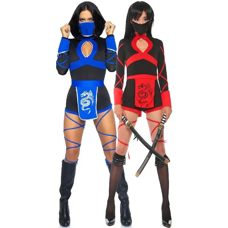 Two women in blue and red ninja costumes with masks on a white background