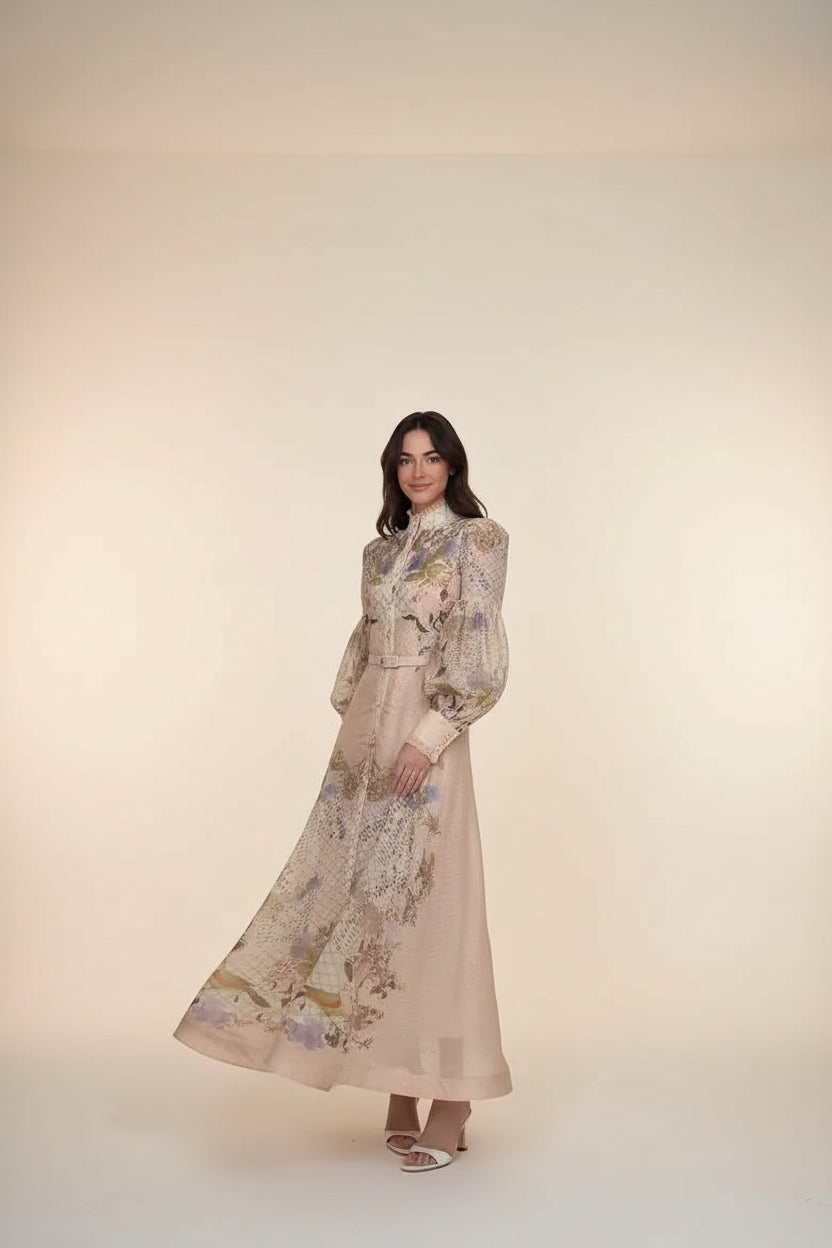 High-Neck Floral Midi Dress – Belted Waist & Bell Sleeve Occasion Dress