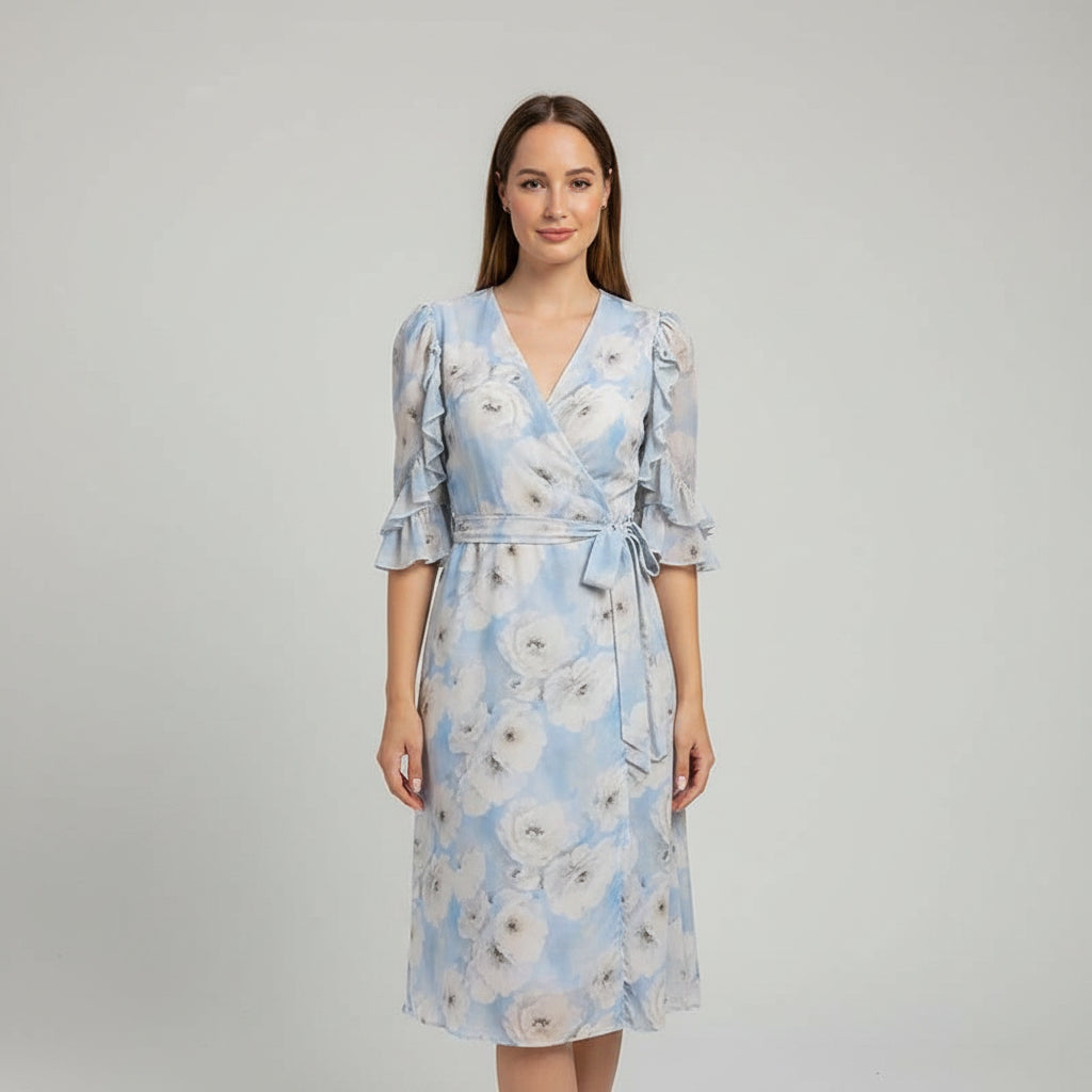 floral chiffon dress, ruffle midi dress, elegant floral dress, women's chiffon dress, V-neck floral dress, summer midi dress, vacation dress, wedding guest dress, romantic floral dress, European summer outfit, feminine midi dress, floral party dress, resort wear dress, date night dress, classy women's dress, lightweight chiffon dress, spring floral dress, elegant summer dress, garden party dress, boutique women's dress, stylish floral dress, side slit midi dress, flowy floral dress, luxury summer dress, chi