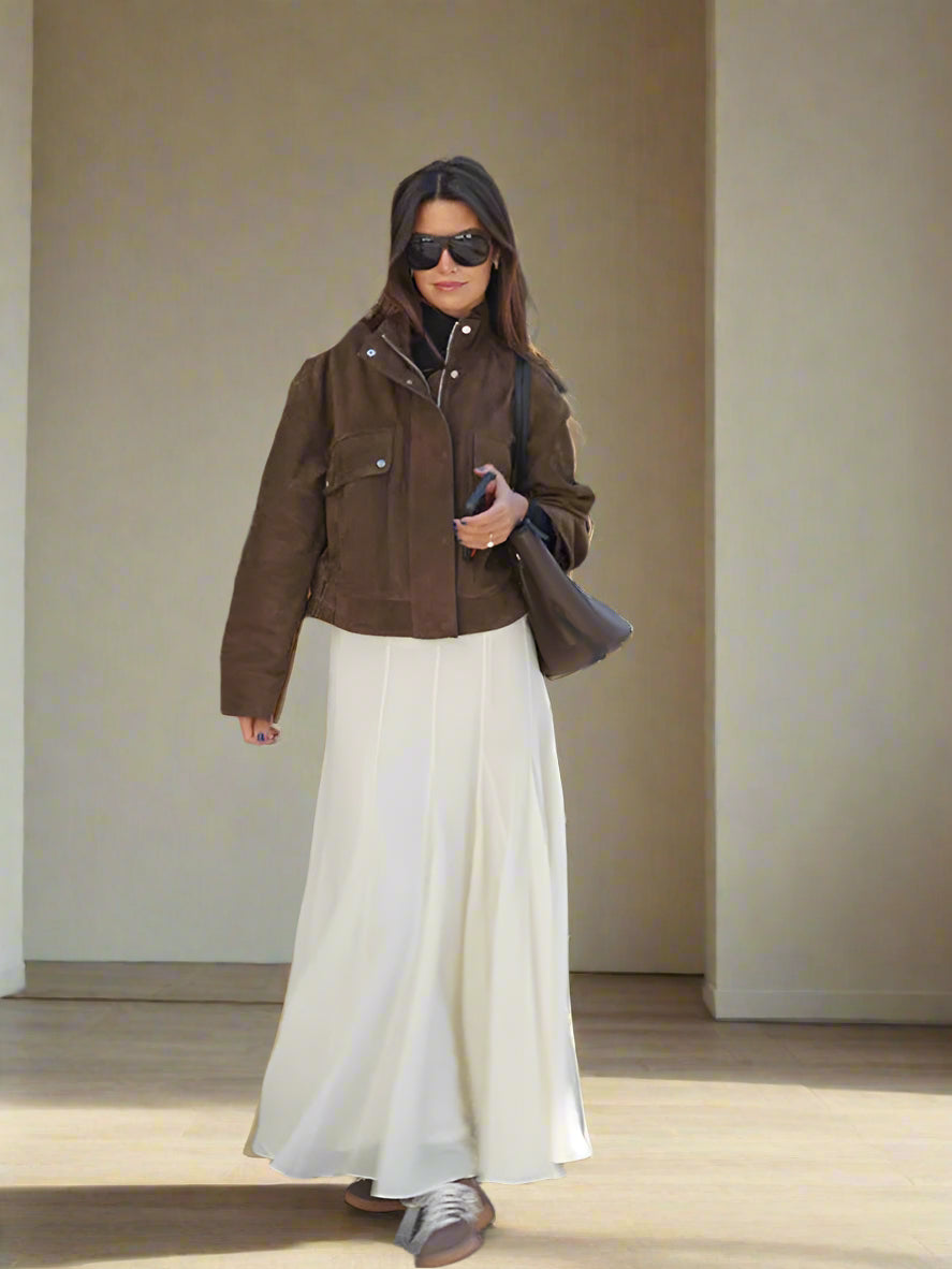 Suede Bomber Jacket open collar Fall coat