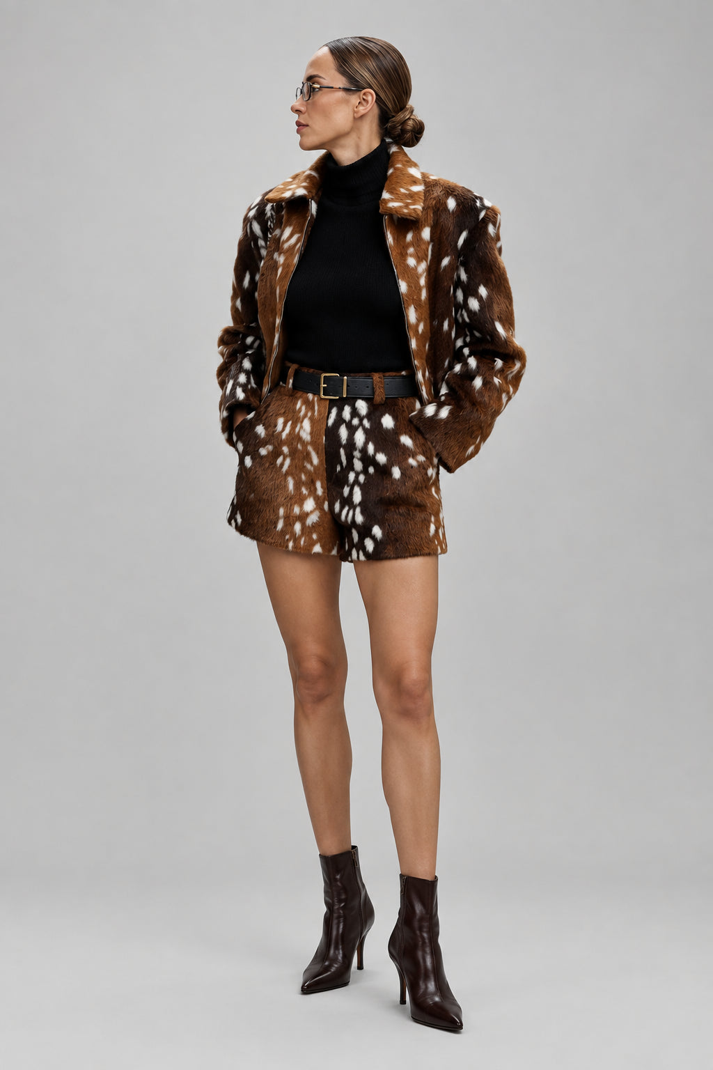 deer print jacket women, deer print coat women, deer print outfit women, deer print skirt set, faux fur deer print jacket, deer print faux fur coat, brown faux fur jacket women, spotted faux fur jacket, deer print suit women, matching jacket and skirt set, faux fur outfit women, statement fall jacket, women’s fall outerwear, women’s winter fashion