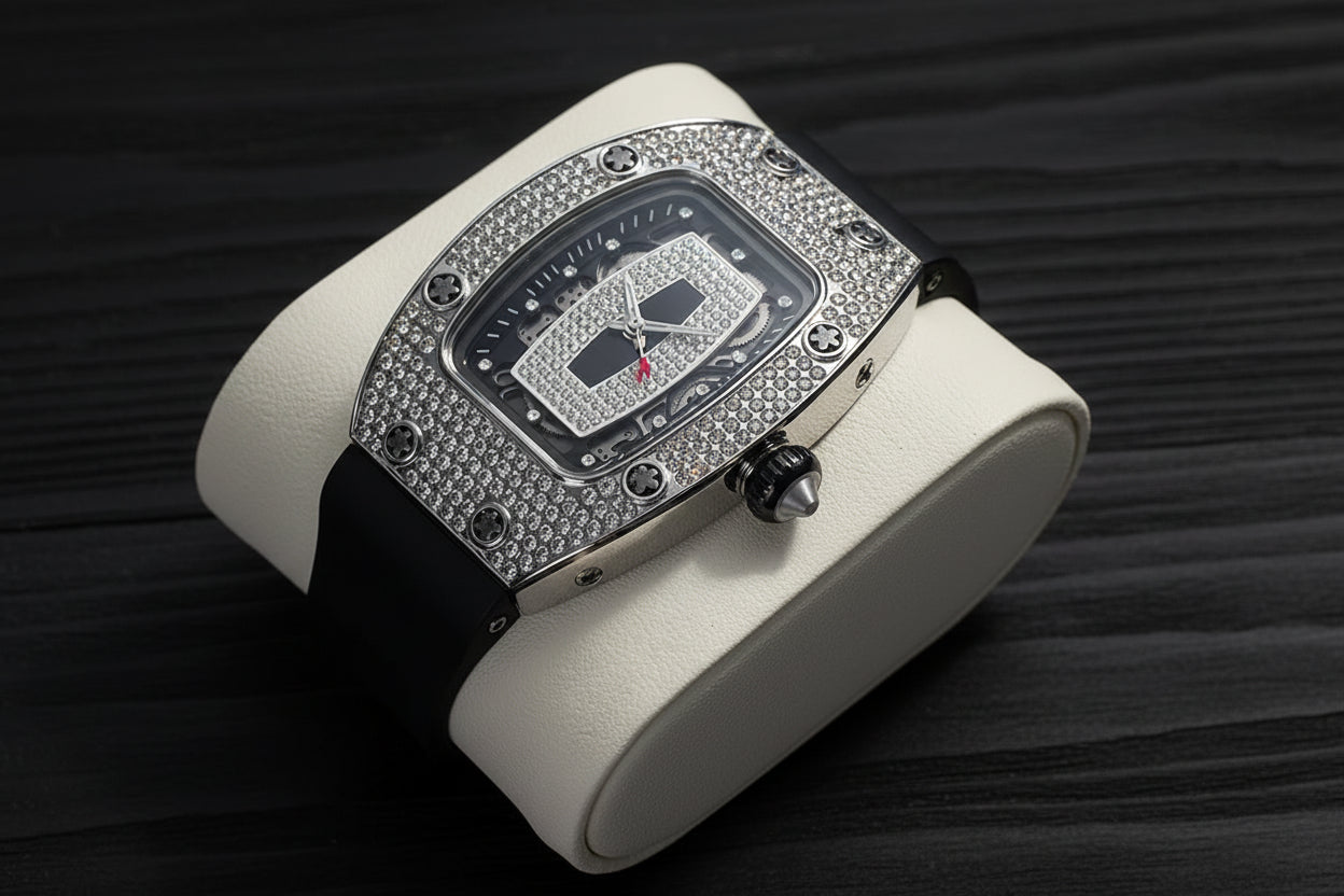 Luxury vortex iced out rubber strap wrist watch.