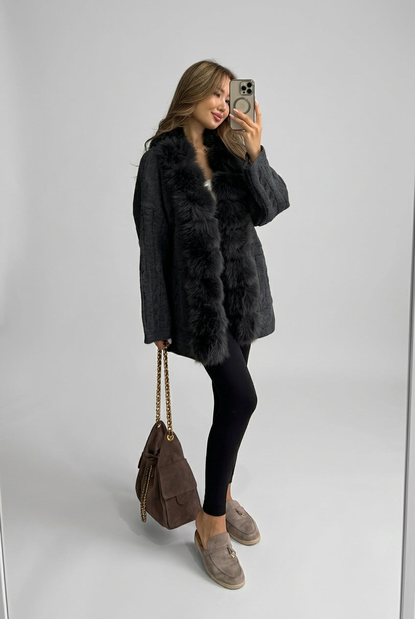 Cream cable-knit cardigan with faux-fur trim, product view