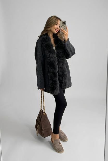 Cream cable-knit cardigan with faux-fur trim, product view