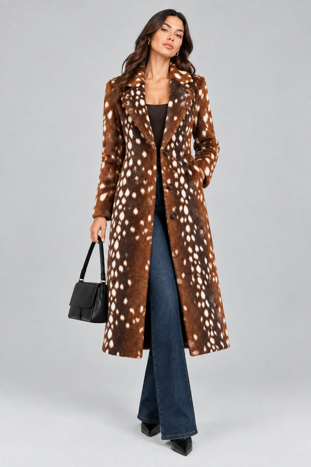 Brown deer print faux fur coat for women
Women's brown deer print faux fur coat front view
Long brown deer print faux fur coat with notched lapel
Women's oversized deer print faux fur coat
Brown faux fur coat with deer print and double-breasted front
Close-up of brown deer print faux fur coat texture
Women's long deer print faux fur coat styled for fall
Brown deer print faux fur coat back view
Side view of women's brown deer print faux fur coat
Model wearing brown deer print faux fur coat