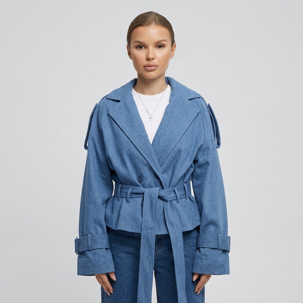 Short women's jacket with long sleeves and double-breasted closure