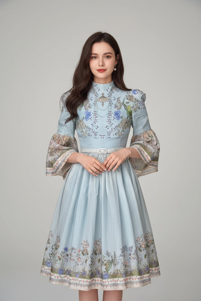 High-Neck Floral Midi Dress – Belted Waist & Bell Sleeve Occasion Dress