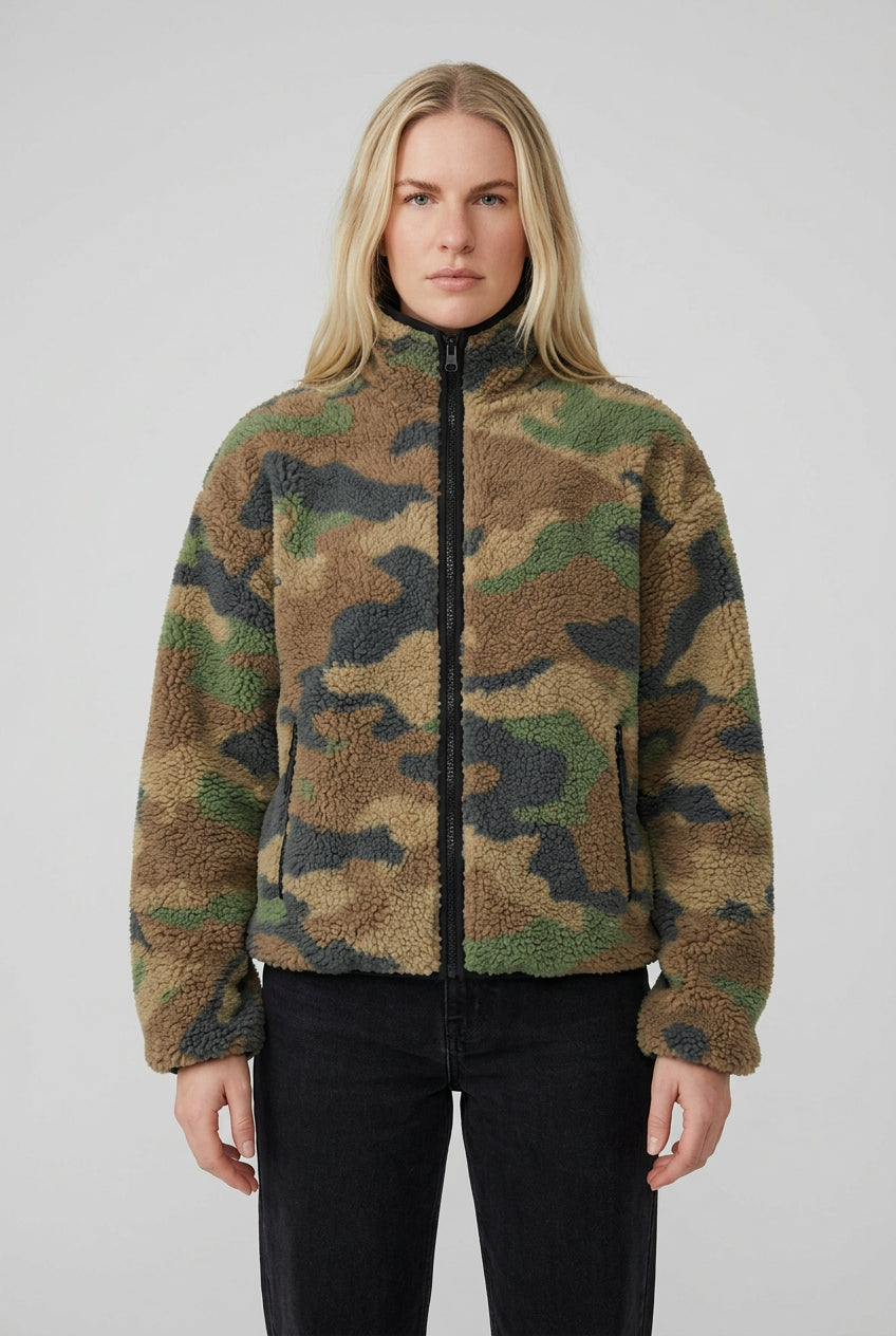 Women's camouflage teddy fleece jacket with high neckline
