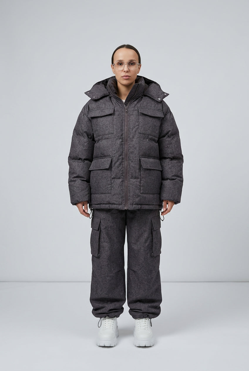 Leopard print puffer set showing the jacket's regular-length cut