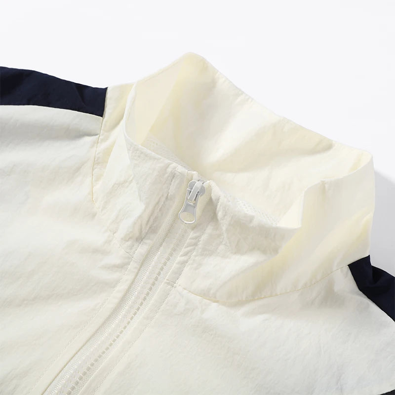 Contrast panel jacket with stand collar and long sleeves