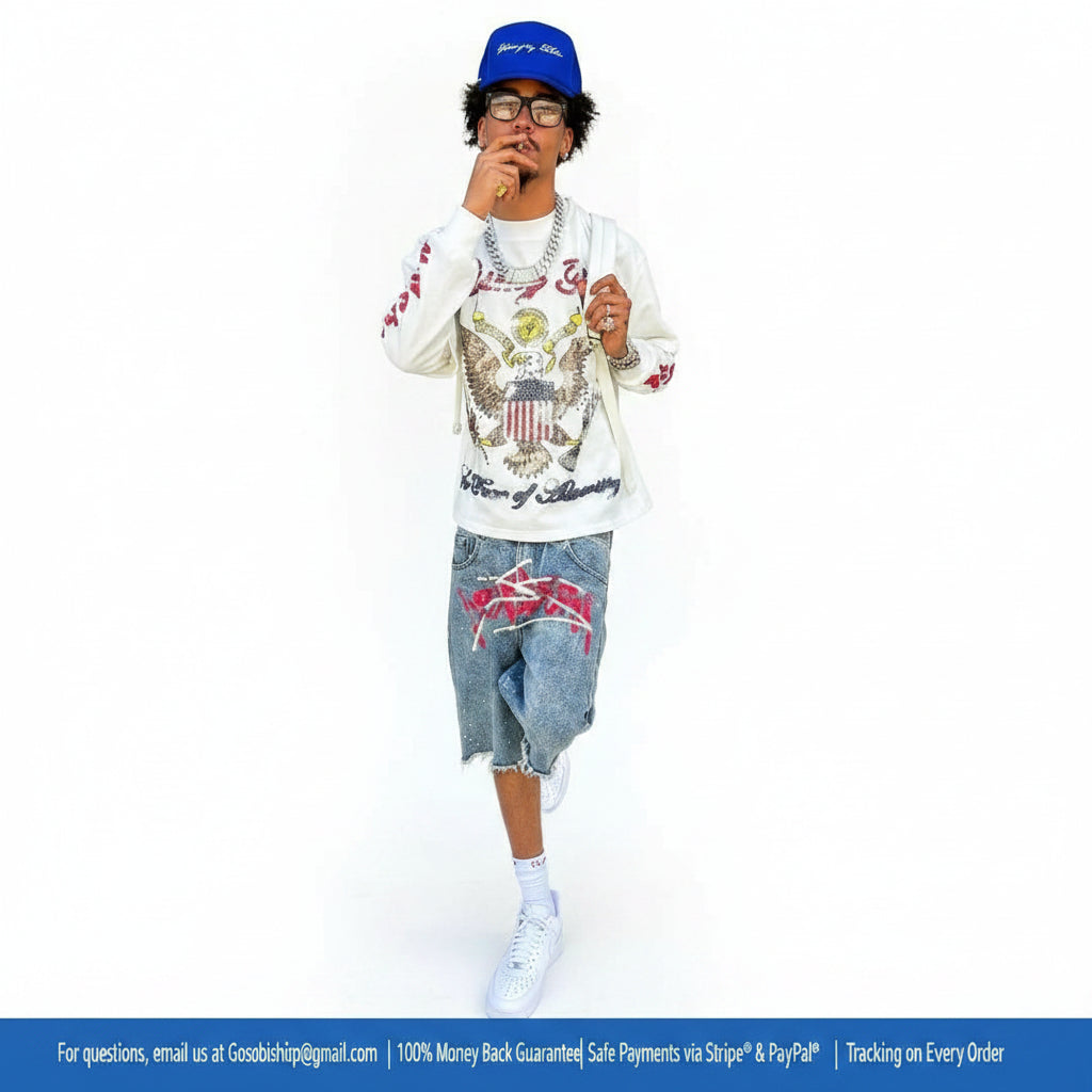 luxury streetwear jorts, graffiti denim shorts, red washed jorts, baggy jean shorts men, Y2K streetwear shorts, hip hop denim shorts, urban fashion jorts, oversized jorts outfit, designer streetwear shorts, graffiti shorts men women