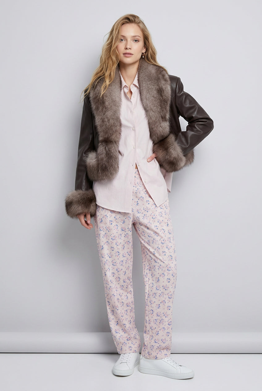 Women's short faux fur patchwork jacket showing the front zip