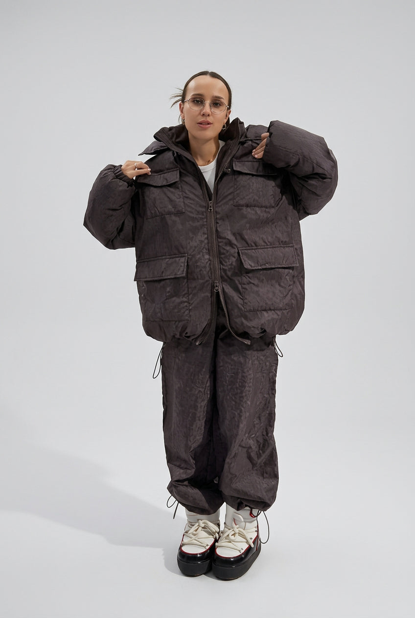 Women's winter streetwear set with puffer jacket and wide-leg pants