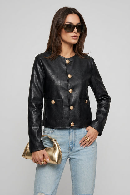 Black short faux leather jacket with round neckline