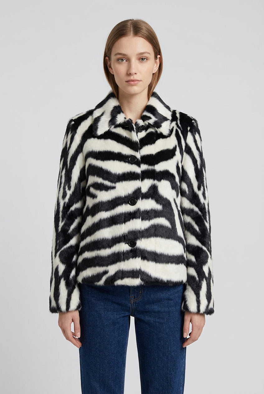 Sable Zebra Faux Fur Jacket by GoSobiShop Boutique in a bold black-and-white zebra print