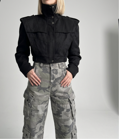 The City Edit women's short stand-collar jacket, available in black and khaki.