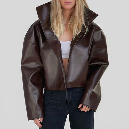 Relaxed faux-leather zip-up jacket product photo 24