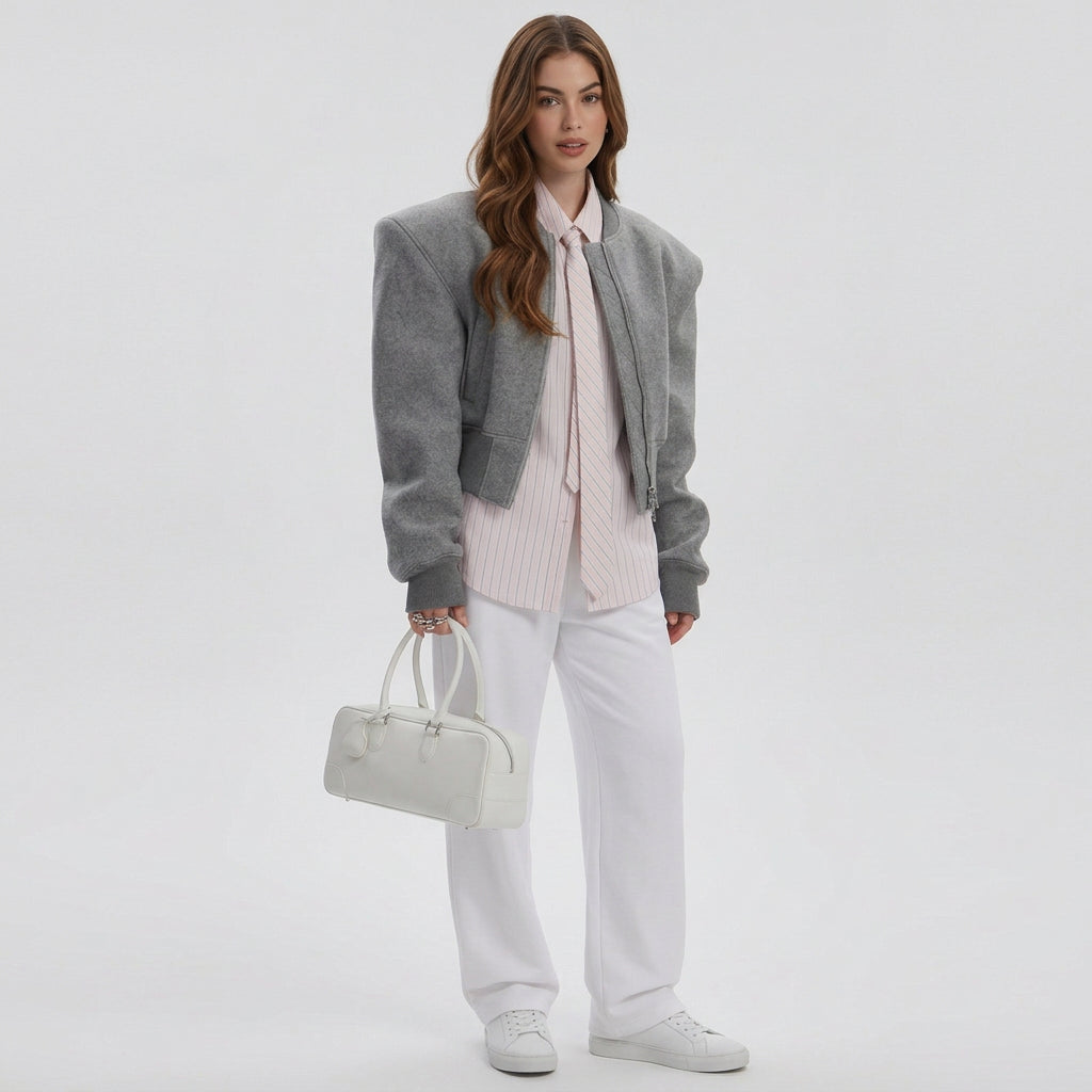 Gray double-zip jacket by GoSobiShop Boutique, front view