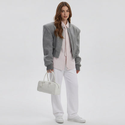Gray double-zip jacket by GoSobiShop Boutique, front view