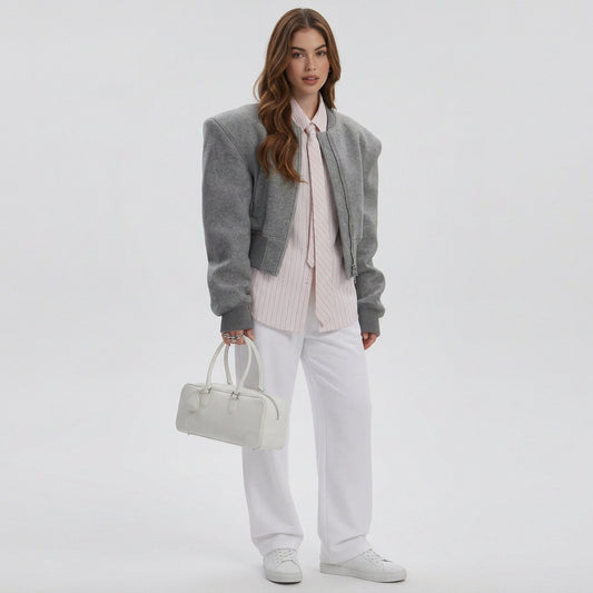 Gray double-zip jacket by GoSobiShop Boutique, front view
