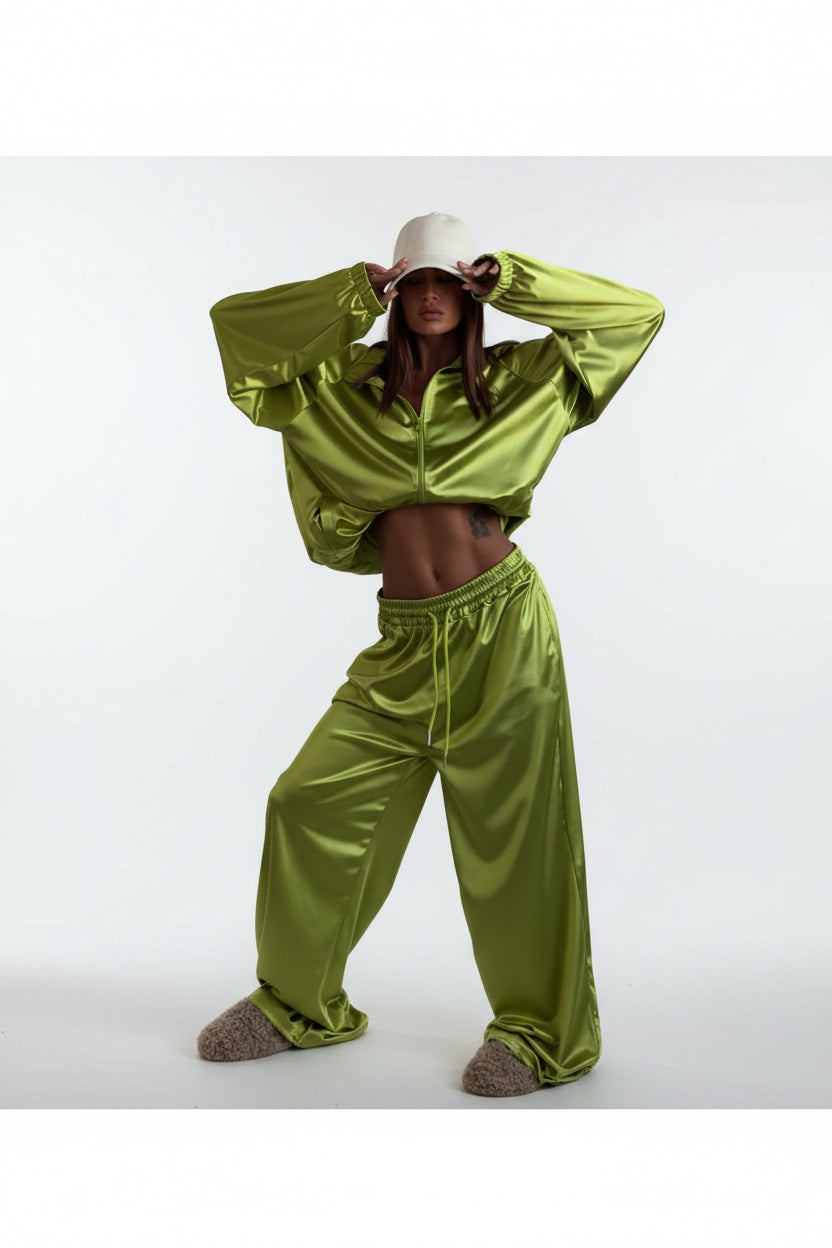 Dansa satin loose long sleeve crop top and wide leg trousers two-piece set streetwear.