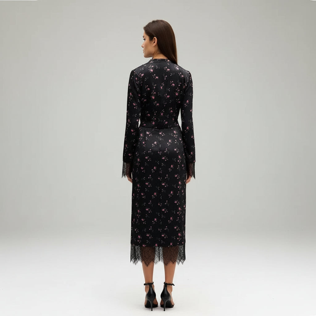 floral two piece set, women's floral skirt set, floral matching set women, women's two piece outfit, floral top and skirt set, long sleeve skirt set, V neck two piece set, women's evening outfit, elegant skirt set women, women's party outfit, date night outfit women, floral evening outfit, matching skirt and top, women's formal evening outfit, slim fit skirt set, floral party outfit, women's autumn outfit, stylish two piece set, black floral skirt set, women's occasion outfit