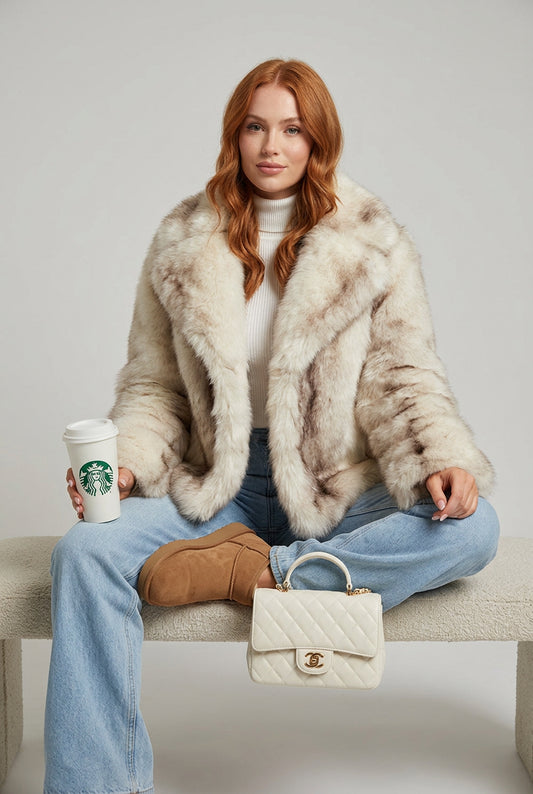 Striped faux fur coat with turn-down collar, front view