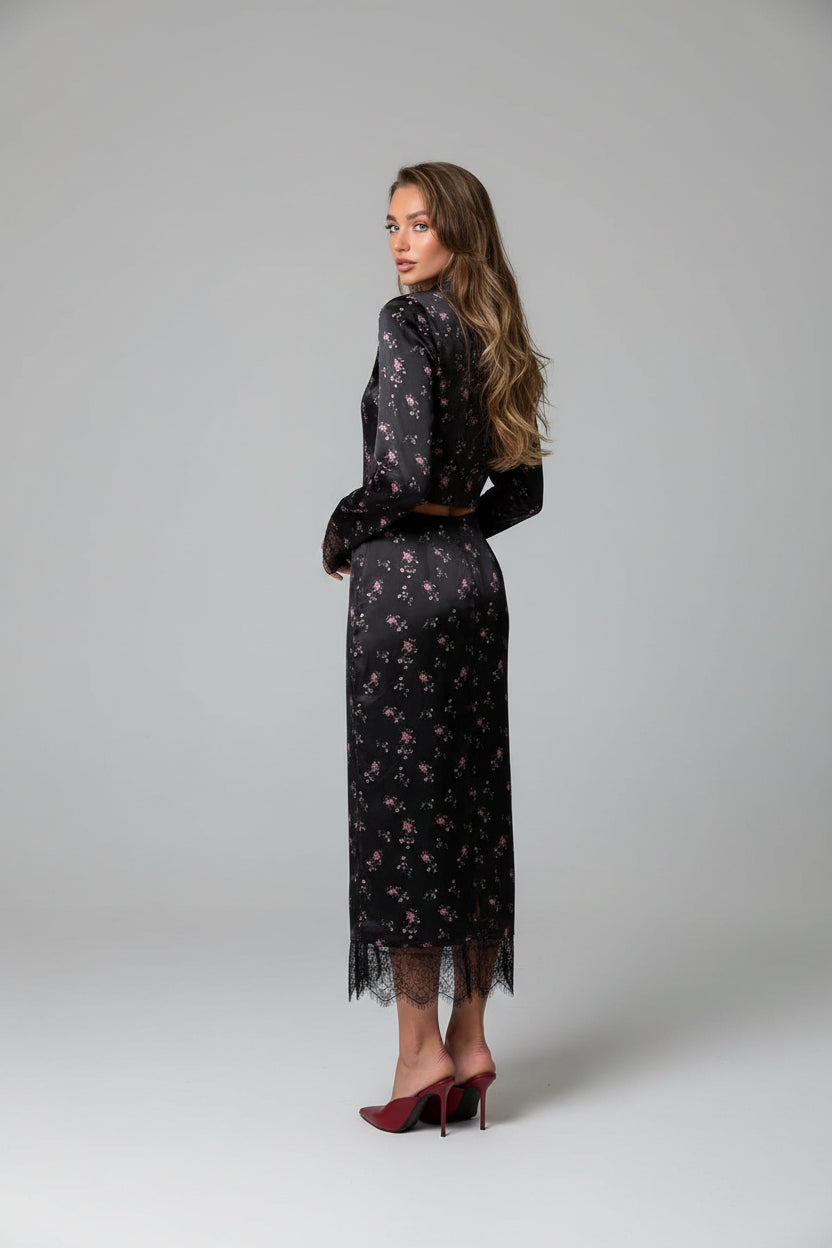 floral two piece set, women's floral skirt set, floral matching set women, women's two piece outfit, floral top and skirt set, long sleeve skirt set, V neck two piece set, women's evening outfit, elegant skirt set women, women's party outfit, date night outfit women, floral evening outfit, matching skirt and top, women's formal evening outfit, slim fit skirt set, floral party outfit, women's autumn outfit, stylish two piece set, black floral skirt set, women's occasion outfit