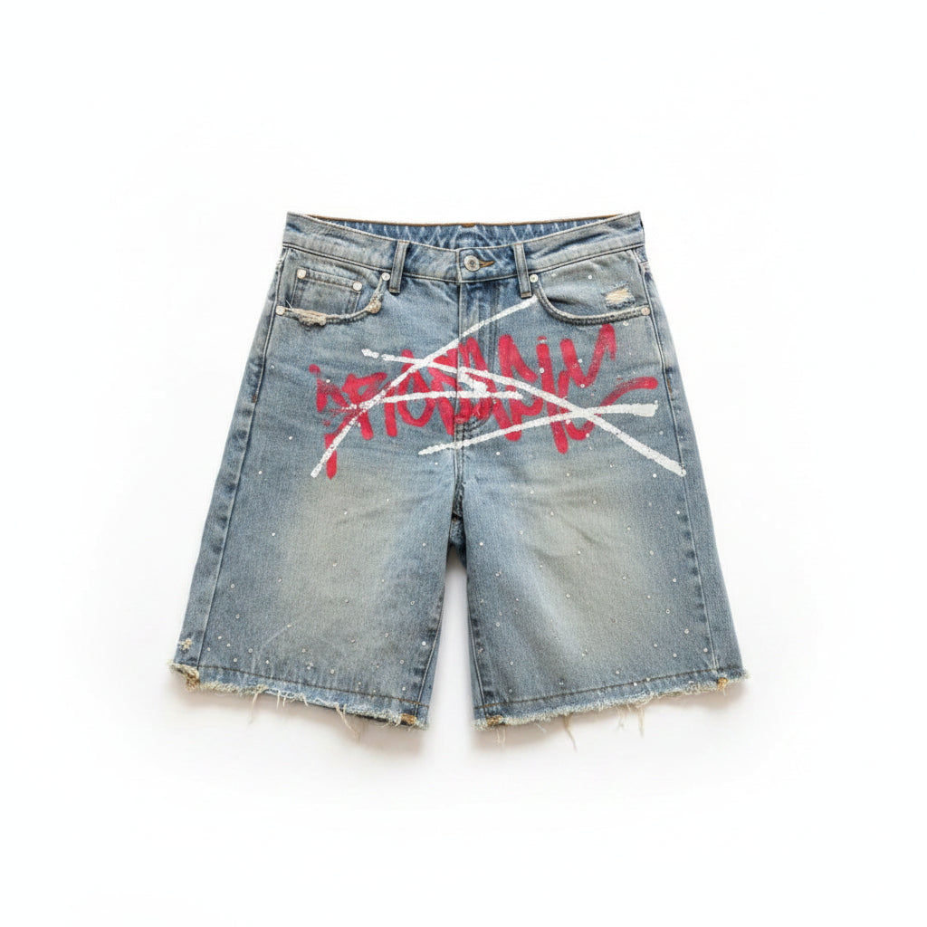 luxury streetwear jorts, graffiti denim shorts, red washed jorts, baggy jean shorts men, Y2K streetwear shorts, hip hop denim shorts, urban fashion jorts, oversized jorts outfit, designer streetwear shorts, graffiti shorts men women