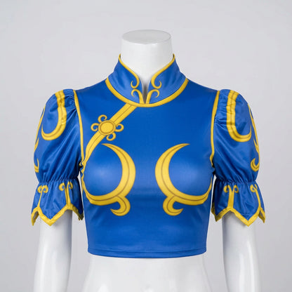 Blue Chun-Li Cosplay Costume Set with Skirt and Optional Bracelets