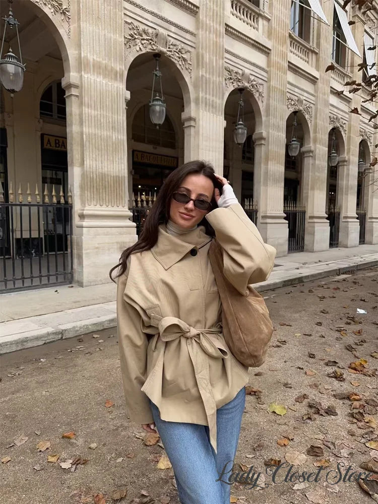 Women's Beige Cotton Blend Wide Lapel Short Jacket Self-Tie Waist-Cinching Loose Batwing Sleeve Coat 2026 Daily Outfit