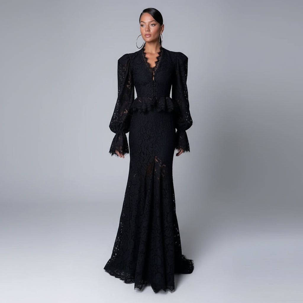 lace two piece set women, lace top skirt set, women's lace matching set, lace skirt set, fishtail skirt set, mermaid skirt two piece set, lace maxi skirt set, V neck lace top, flare sleeve top women, lace outfit women, elegant two piece outfit, women's evening set, women's party outfit, date night outfit women, elegant evening outfit, feminine two piece set, fitted lace top, fishtail maxi skirt, mermaid maxi skirt, special occasion outfit, women's formal two piece set, dinner outfit women, girls night out o