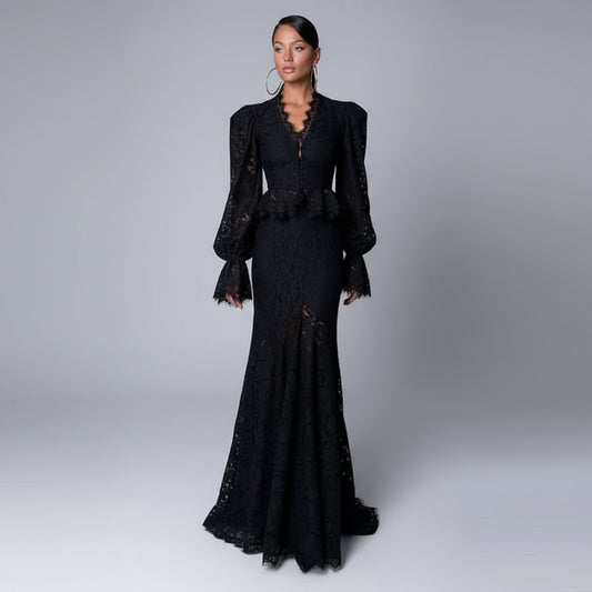 lace two piece set women, lace top skirt set, women's lace matching set, lace skirt set, fishtail skirt set, mermaid skirt two piece set, lace maxi skirt set, V neck lace top, flare sleeve top women, lace outfit women, elegant two piece outfit, women's evening set, women's party outfit, date night outfit women, elegant evening outfit, feminine two piece set, fitted lace top, fishtail maxi skirt, mermaid maxi skirt, special occasion outfit, women's formal two piece set, dinner outfit women, girls night out o